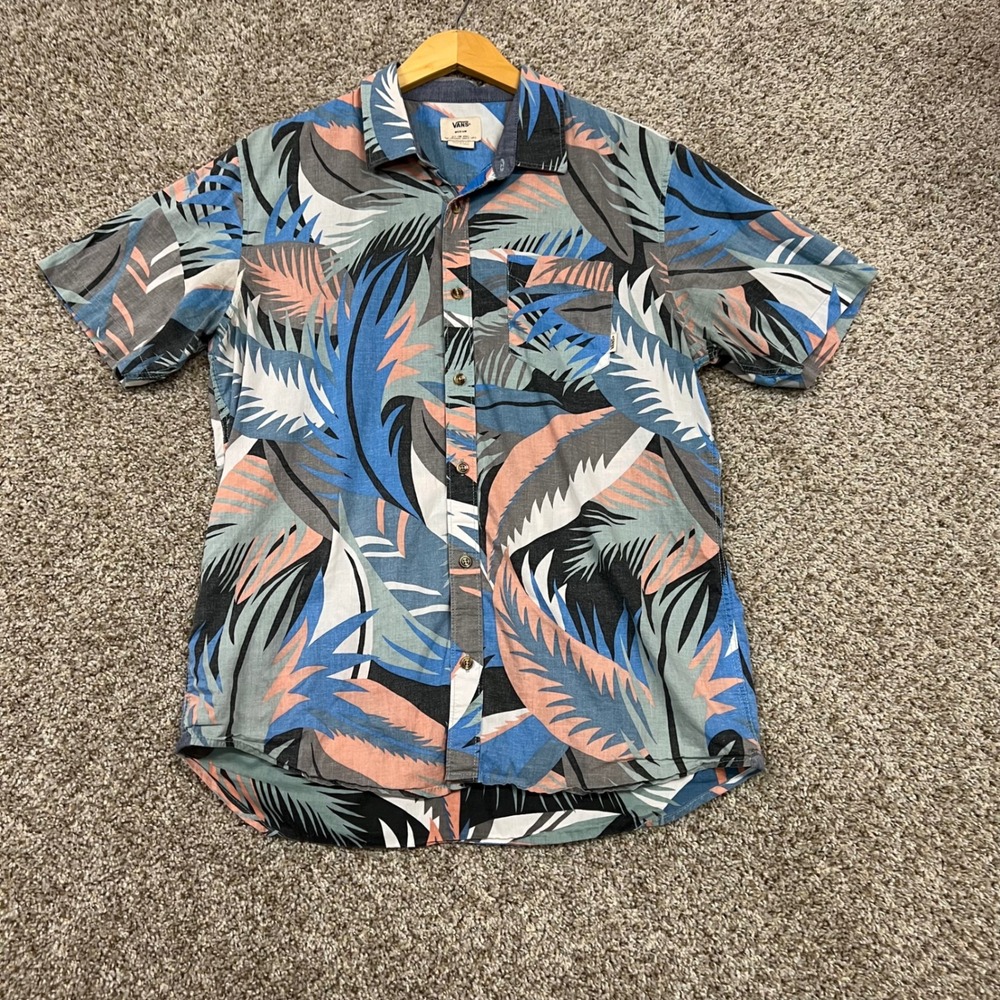 Vans Mens Medium Tailored Fit Tropical Palm Leaf Button Down Shirt Blue Coral